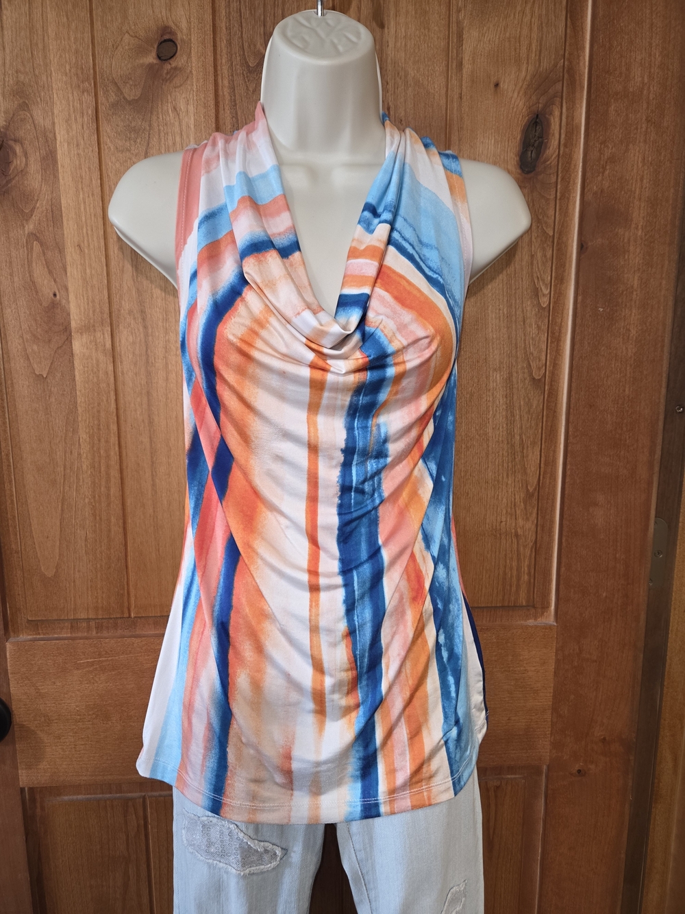 Worthington Sleeveless Cowl Neck Striped Tank - Blue, Orange,‎ White